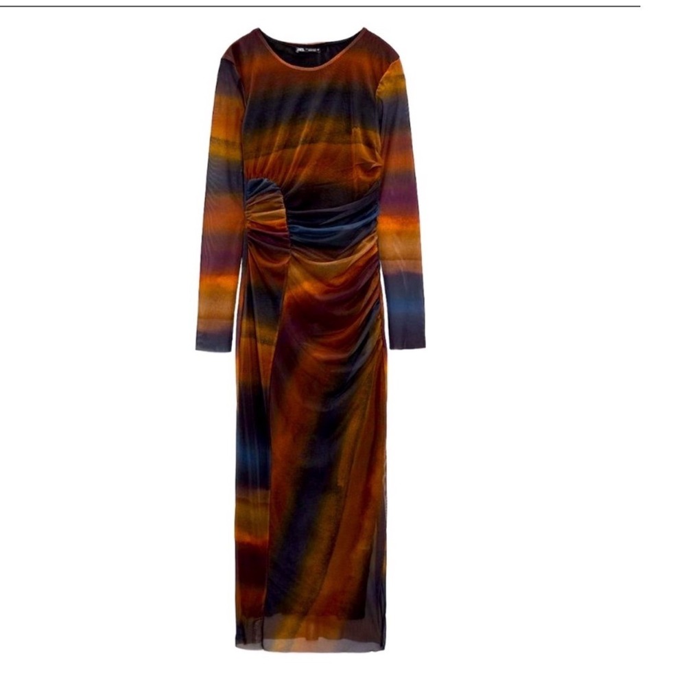 Zara‎ Womens Sunset Ombre Mesh Ruched Midi Dress Long Sleeve Orange Blue Small